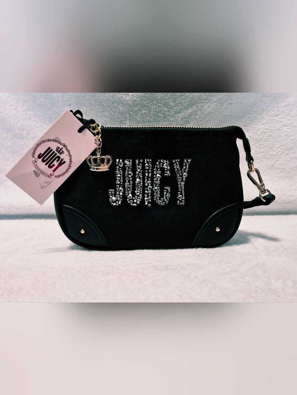 NWT Juicy Couture Shine Bright Black Crystal Logo Convertible Wristlet